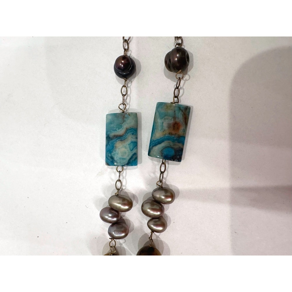 Boho Blue Agate Stone Necklace & Earrings Set Tiger Eye Pearl‎ Beaded Statement - Picture 7 of 9